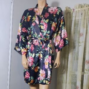 Floral Satin Kimono Robe - Black‎ with Pink and Yellow Blooms